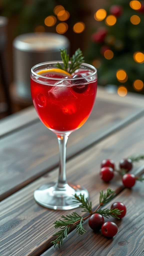A refreshing cranberry gin sour cocktail with garnishes of cranberries and lemon, served in a stylish glass.